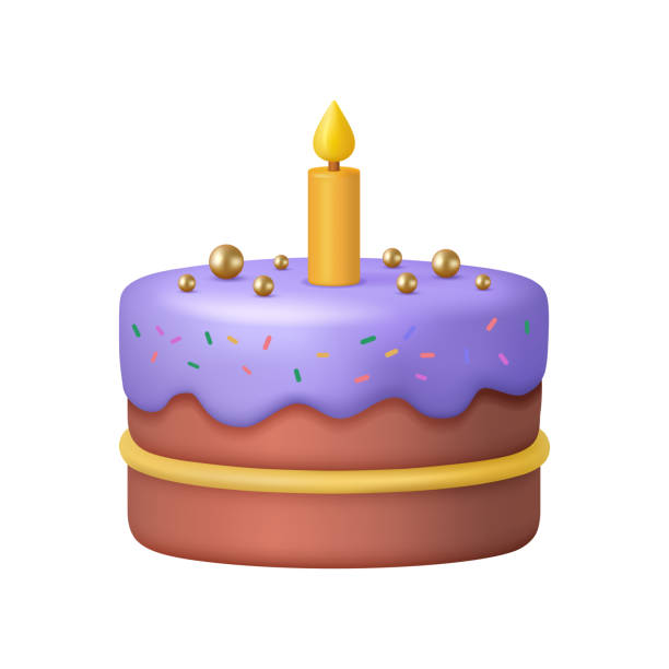 istock Birthday cake with burning candle, sweet melting icing and sprinkles. Vector isolated sweet dessert with decorative golden beats and mousse. Celebrating holiday or anniversary, greeting 2190242012
