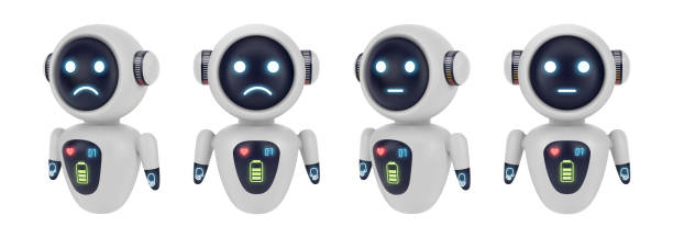 istock Upset or displeased robot personage with sad emotion on display. Vector isolated set of realistic robots characters. Cute minimalist toy with emotional response and mean of communication 2190242024