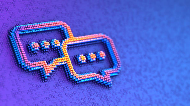 istock Chat speech bubble icon on the digital futuristic blue background. 3d Illustration with bright colors and pixelated technology. 2190244873