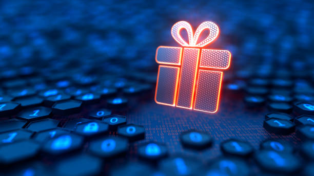 istock Digital gift box icon on the futuristic technological background. 3d rendering 2190245952
