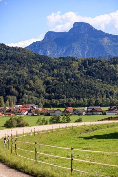 Beautiful countryside with a winding road leading to a cozy village near picturesque mountains under a sunny blue sky. Captures the tranquility of rural life and natural landscapes.