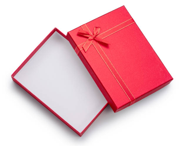 istock Open red low gift box and lid with satin bow, top view, isolated on white background. File contains clipping path. 2190261451