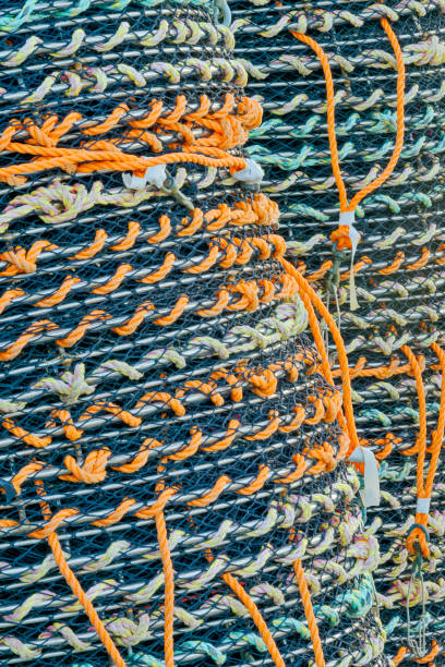 Heap of multi colored fishing net baskets and ropes on Cedeira harbor dock. Seascape in the backgfround. A Coruña province, Galicia, Spain.