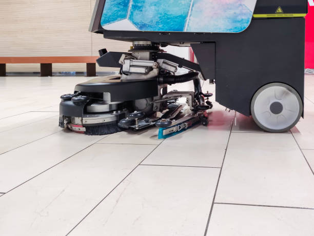 Floor scrubber, robot, washes floors with ceramic tiles.