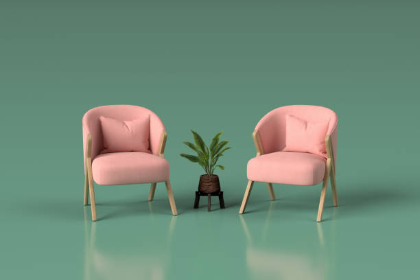 Minimalist interior design featuring two pink armchairs and a potted plant, conveying a sense of tranquility and style in a contemporary setting. 3D render