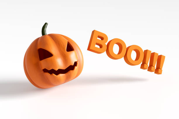 Exclamation Mark carved in pumpkin. Halloween font on black background, 3D rendering