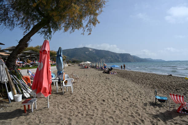 The beach of Kalamki, part of the many kilometers long Komos beach, Zakynthos, Greece.