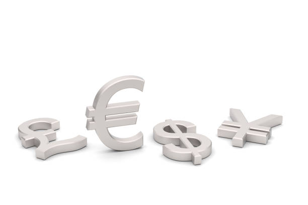 A 3D render of silver currency symbols including the euro, dollar, pound, and yen, with the euro symbol prominently standing upright while the others are lying flat. This image symbolizes global finance, trade, and currency exchange.