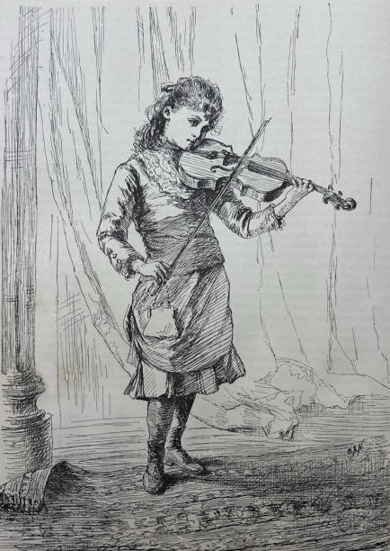 Antique illustration pre 1900 - girl standing in dress playing a violin