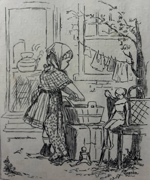 istock Antique illustration - young girl standing by wash tub playing with dolls 2190278208