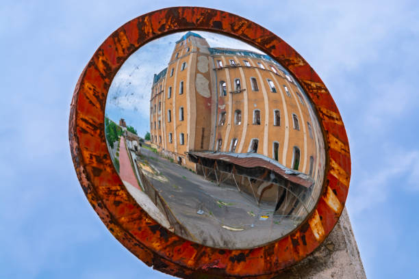 Old destroyed building in a mirror in Bekescsaba
