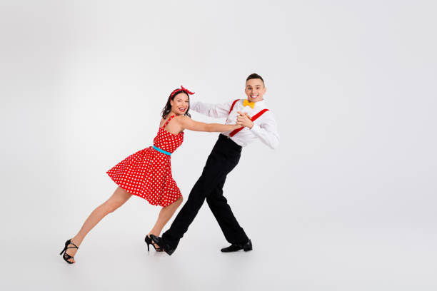 istock Full size photo of two elegant young people dancing empty space isolated on white color background 2190286294