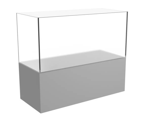 istock Empty minimalist display case with clear glass top and grey base for art expensive item exhibitions, product presentation, retail showcasing, simple terrarium or aquarium on isolated white background 2190287589