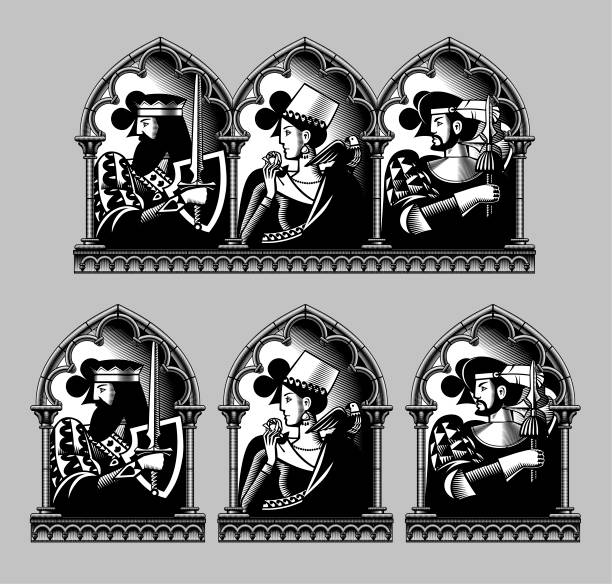 Black and white vintage engraved drawing of Playing cards characters in a gothic frames Black and white vintage engraved drawing of Playing cards characters in a gothic frames. Vector illustration poker card tattoos stock illustrations