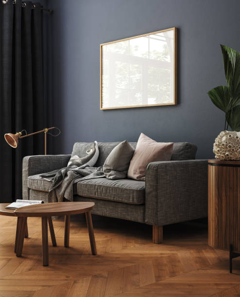istock Simple minimalist cozy sofa with coffee table and decor in living room interior, home mockup 2190296772
