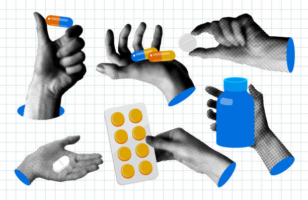 ilustraciones, imágenes clip art, dibujos animados e iconos de stock de conjunto de manos de semitonos sosteniendo píldoras - píldoras