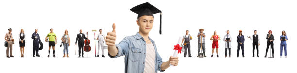 Happy graduate student gesturing thumbs up in front of people with different professions isolated on white background