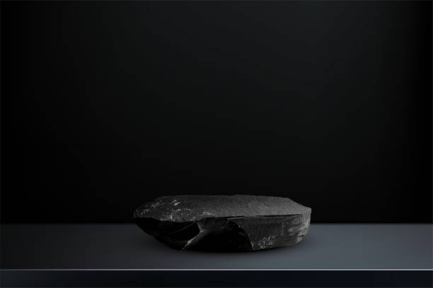 istock Stone podium background. Rock stand product display. Natural black marble pedestal on black wall for product placement. Modern minimal cosmetic design. Fashion beauty realistic vector illustration 2190305224