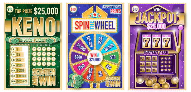 ilustraciones, imágenes clip art, dibujos animados e iconos de stock de conjunto de boletos de rasca y gana de lotería scratch keno, girar la rueda y el premio mayor con la máquina tragamonedas de casino - artículos de lotería