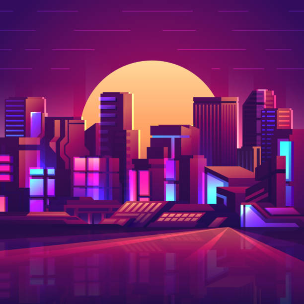 istock Futuristic cyberpunk city in 80s arcade game style. 2190310658