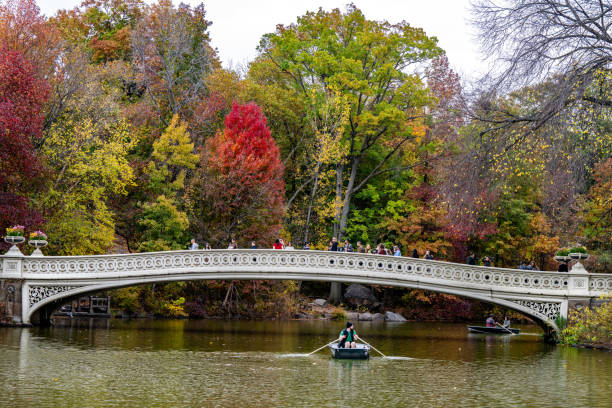 Beautiful red yellow and green foliage surrounds the Bow Bridge in Central Park NYC in the late fall