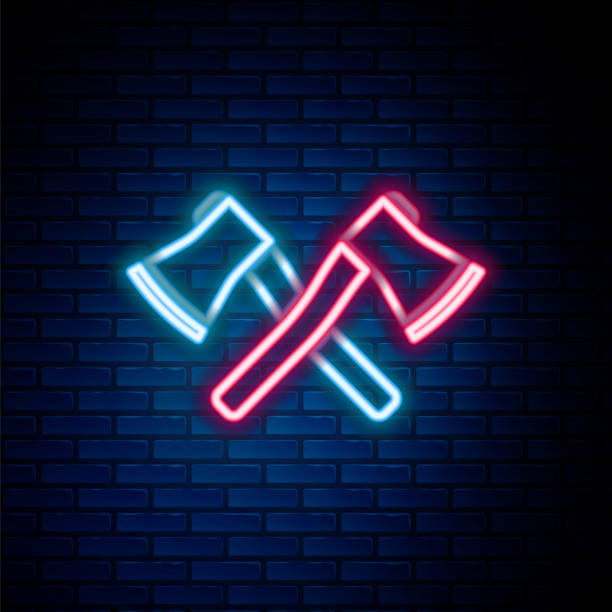 istock Glowing neon line Crossed wooden axe icon isolated on brick wall background. Lumberjack axe. Colorful outline concept. Vector 2190318234