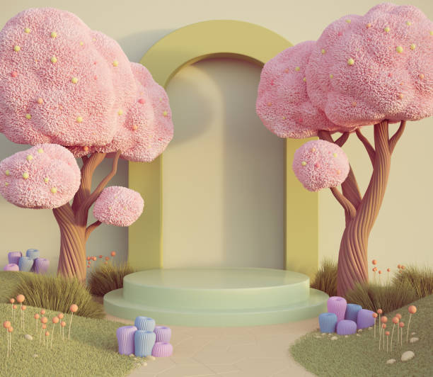 istock 3d rendering podium display background, garden with tree in a cartoon style. 2190321064