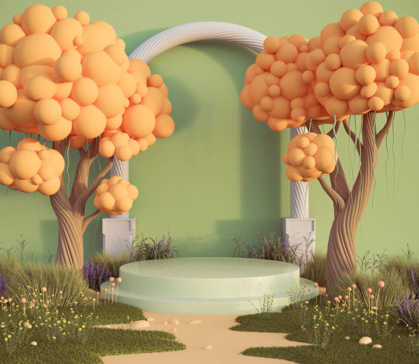 istock 3d rendering podium display background, garden with tree in a cartoon style. 2190321066