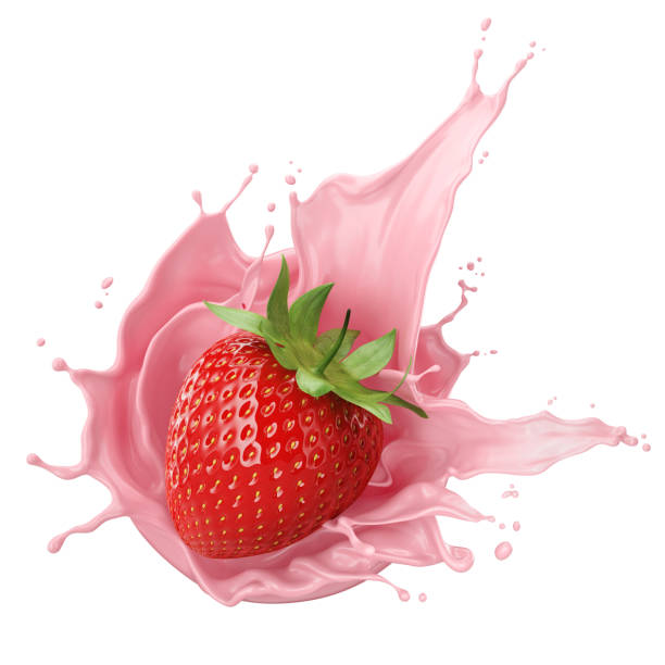 istock milk or yogurt splash with strawberries isolated on white background, 3d rendering. 2190323289