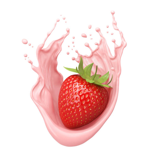 istock milk or yogurt splash with strawberries isolated on white background, 3d rendering. 2190323292