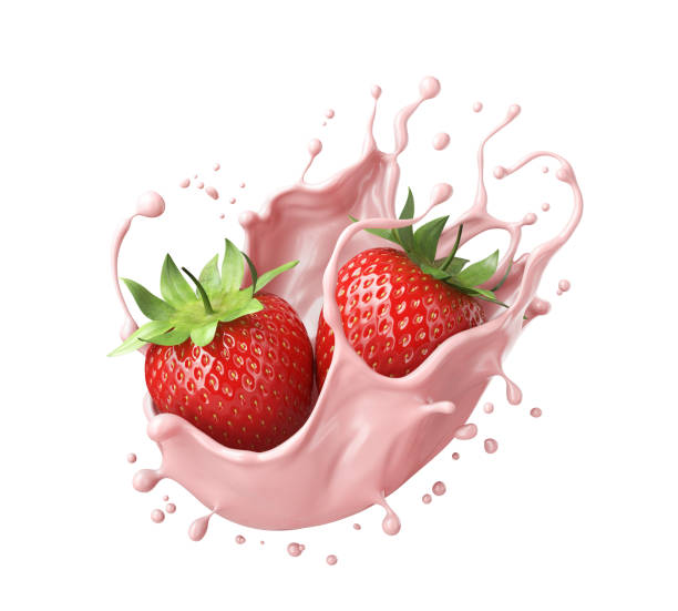 istock milk or yogurt splash with strawberries isolated on white background, 3d rendering. 2190323299