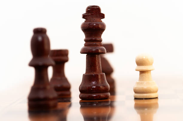 A black and white chess piece is standing on a wooden board with a black and brown piece. The black and white piece is a pawn, which is the smallest and least powerful piece on the board