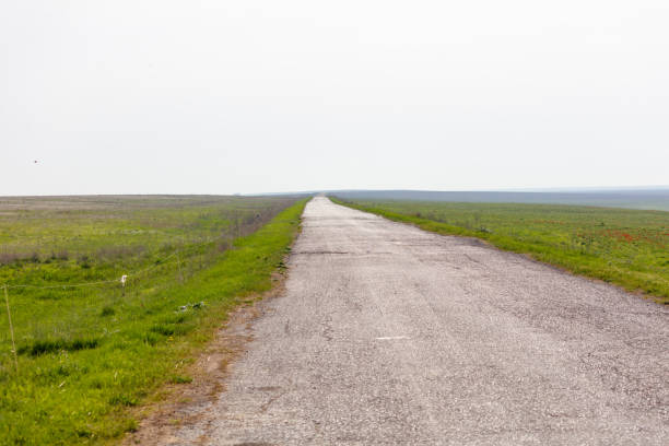 A long road with a grassy field in the background. The road is empty and there are no cars or people on it