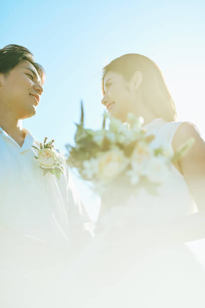A wedding couple under the blue sky