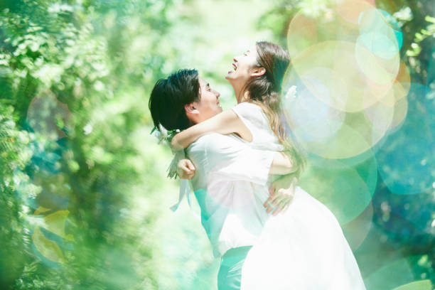 istock A wedding couple hugging and soap bubbles 2190351228