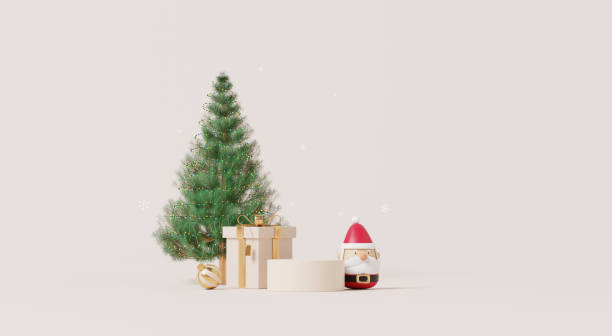 istock 3D render, Merry Christmas and happy new year background with podium display platform, Christmas tree with presents, Santa , and ornaments. 2190351429