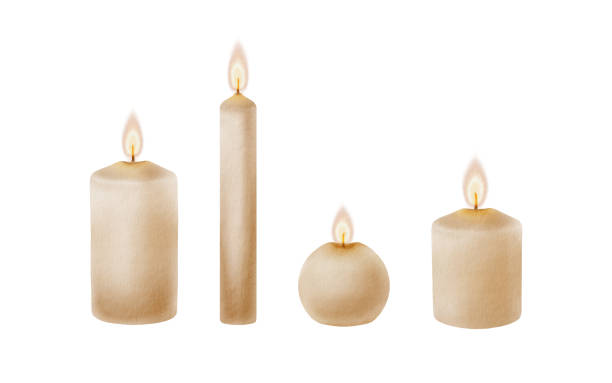 istock Wax candles set with wicks,wide,slim,round medium and high sizes,flame of fire as a symbol of faith.Watercolor illustration in realism isolated on transparent background for prayer and celebration 2190352601