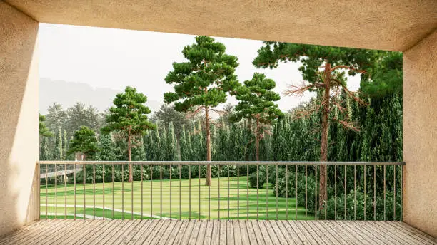 Photo of 3d visualization of spacious terrace framing nature