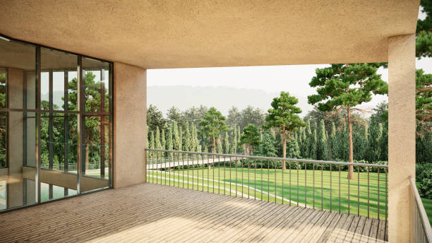 istock 3d visualization of spacious terrace overlooking the garden, trees and mountains 2190354393