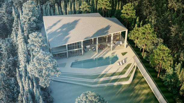 istock Architectural render vs white 3d model of luxurious mansion from aerial view 2190354566