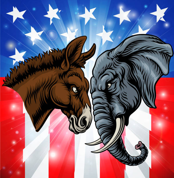Republican Democrat Elephant Donkey Party Politics Republican and democrat elephant and donkey facing off American election party politics concept republican elephant logo stock illustrations