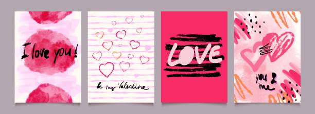 istock Valentine's day love abstract backgrounds or cards with hand drawn hearts, shapes and lettering. Templates of vector watercolor posters. Trendy vector illustration. 2190366213