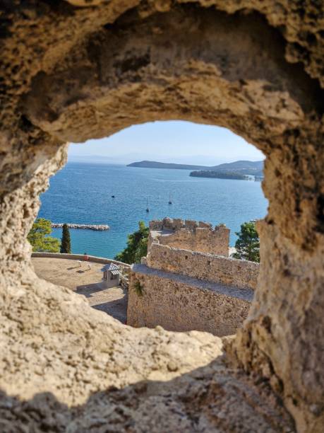 istock Vonitsa Castle view through hole in the wall to the sea 2190366458