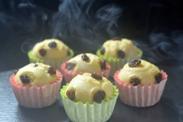 Steamed raisin bread with rising steam