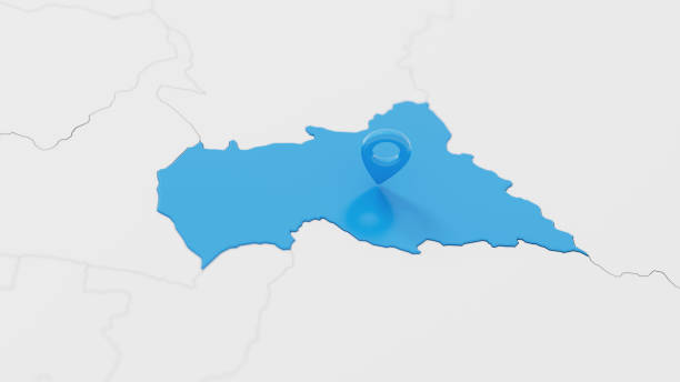 Blue Central African Republic 3d map with pointer pin surrounded with other countries in white. Europe political map with borders. 3d render illustration.