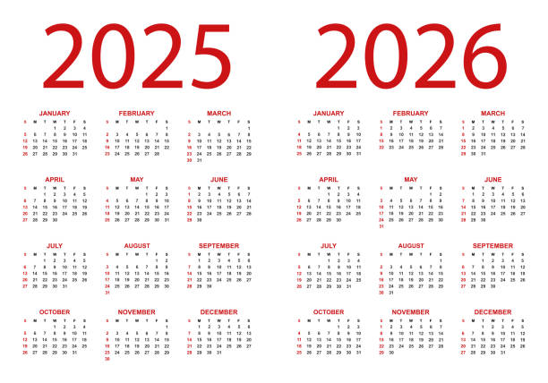 12 month calendar for 2025 - 2026 annual calendar template. week starts on sunday. - tischkalender stock-grafiken, -clipart, -cartoons und -symbole