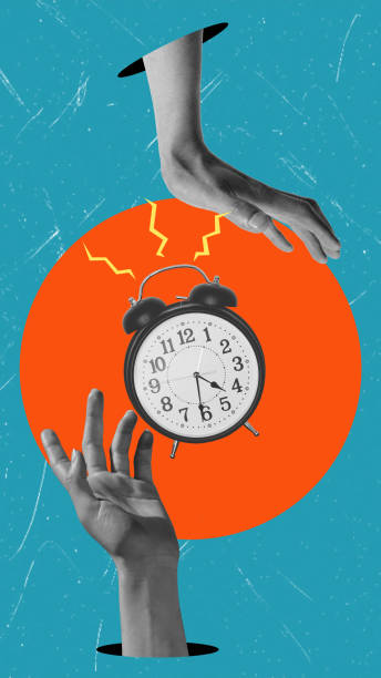 istock Modern art collage featuring a ringing alarm clock and tuning hands on a blue background with an orange circle. 2190373750