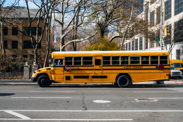 yellow school bus standing on street in New York