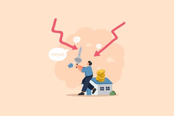Financial Stability. Navigating Home Ownership in a Tight Economy. An illustration representing the challenges of achieving financial stability and maintaining homeownership in a tight economy. It highlights the struggle to balance mortgage payments, rising costs, and financial priorities. debt recovery stock illustrations