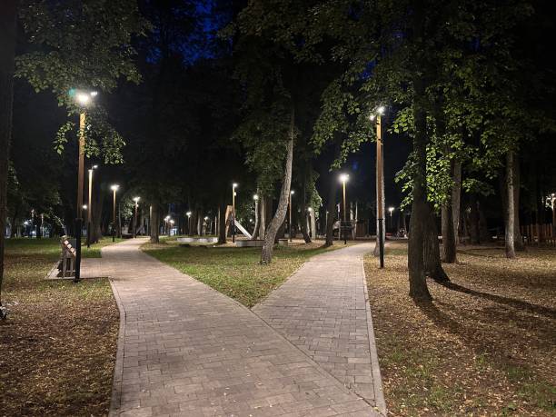 istock A park with two paths, one of which is lit up. Sarov. Russia 2190392602